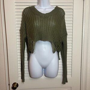 No Boundaries Olive Crochet Distressed Crop Sweater S